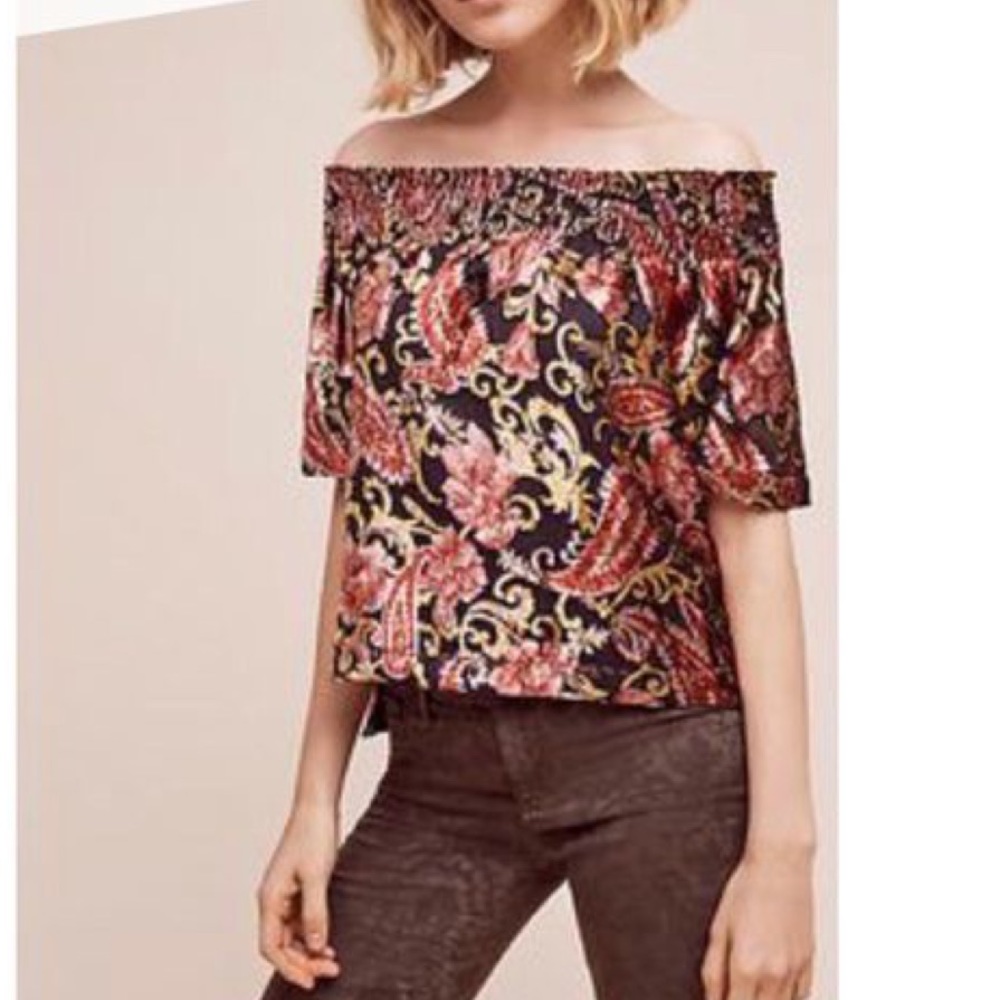 Anthropologie Floral Velvet Off The Shoulder Top